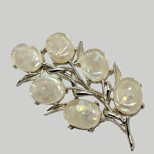 Vintage Mid Century Thermoset Moonstone Style Cabochon Leaf Branch Brooch